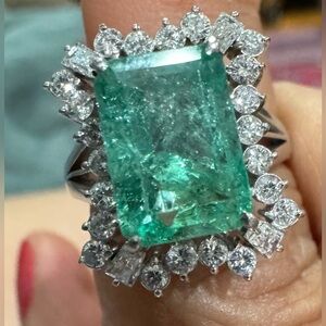 $7000 Emerald Diamond Cathedral Halo Ring 3.12 ct Emerald 0.68 ct Diamonds Pt900